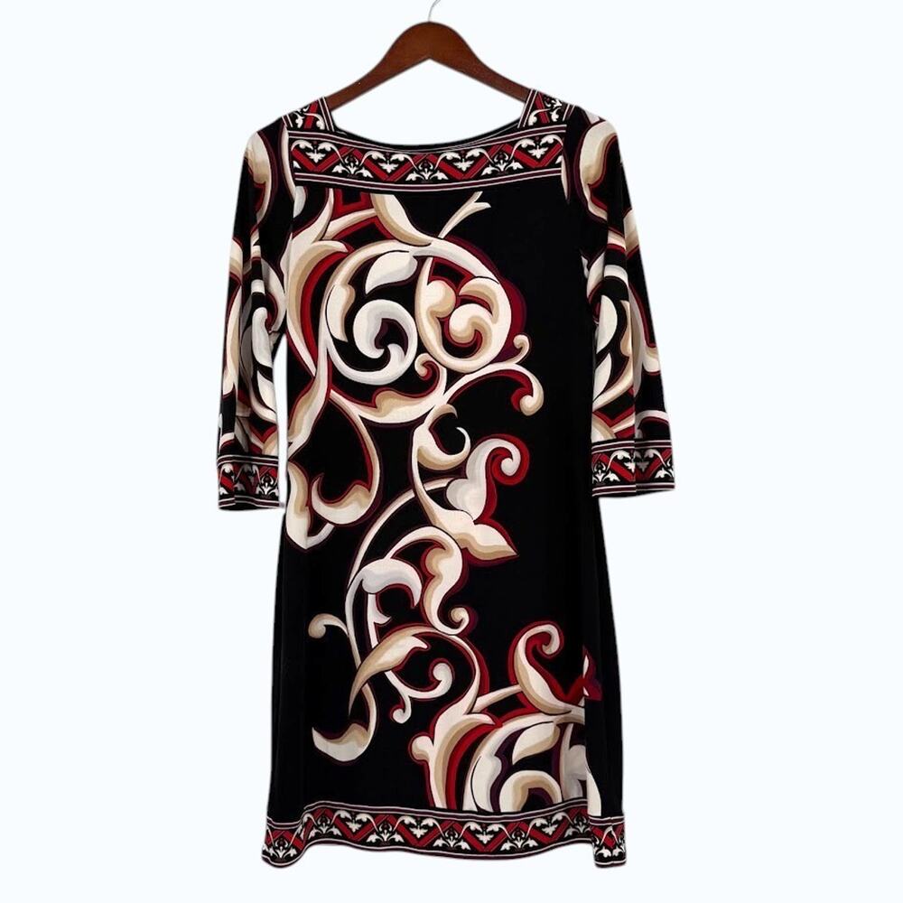 WHBM Black Red Print Sheath Dress Small 3/4 Sleeve Stretch